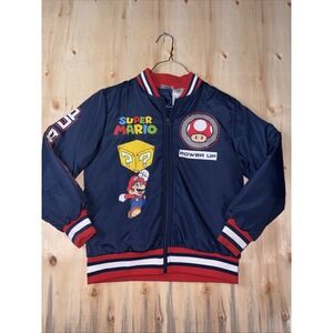 Nintendo Super Mario Bros Kids Navy Bomber Jacket Full Zip Blue Size 8